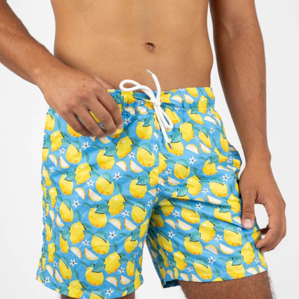 Idillio Positano Lemon Print Blue Swim Shorts Made in Italy